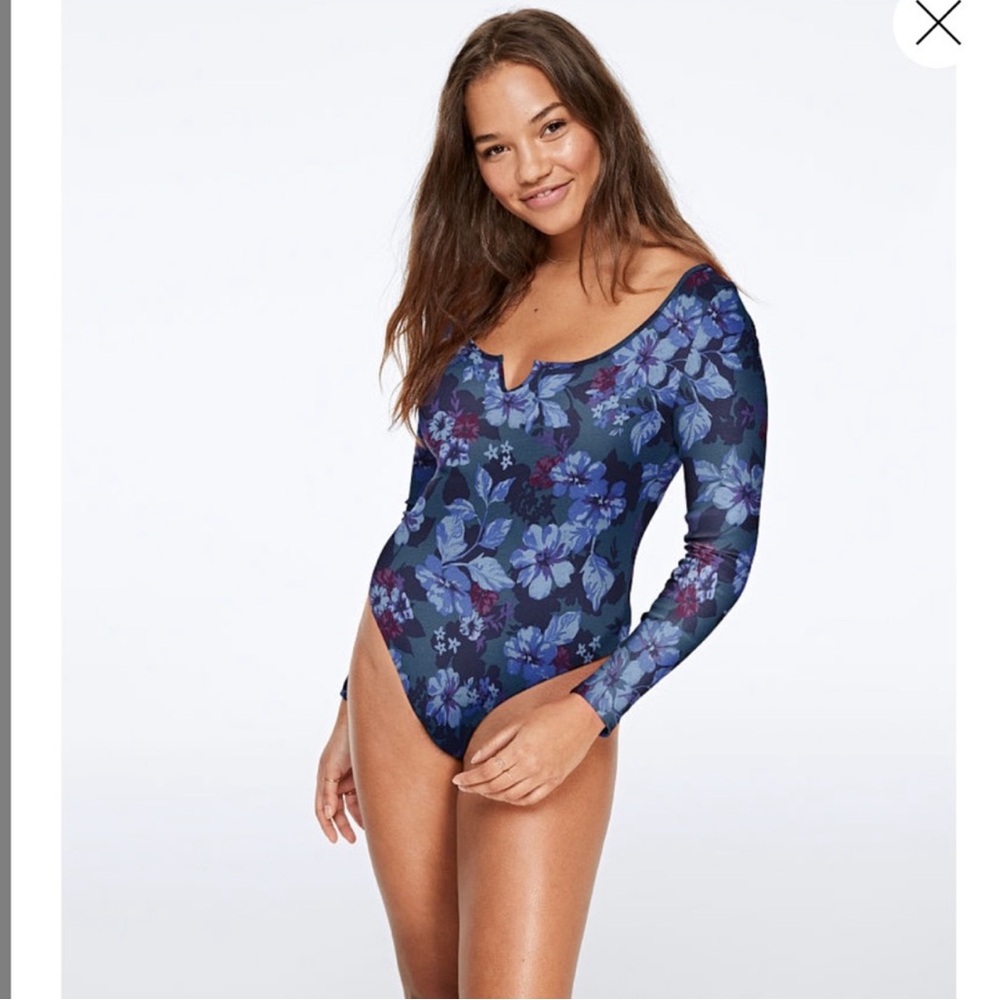 Pink Victoria’s Secret Blue Long Sleeve Floral Print Bodysuit